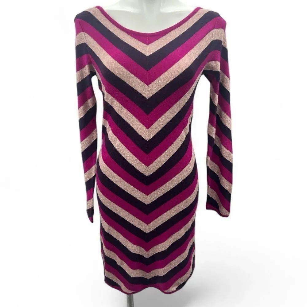 Express Chevron Long Sleeve Dress - Pink, Purple, and Cream